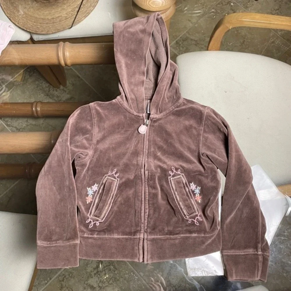 Vintage Y2K Gymboree Velour Hoodie Full Zip Up Embroidered Brown Girls Size 6‎